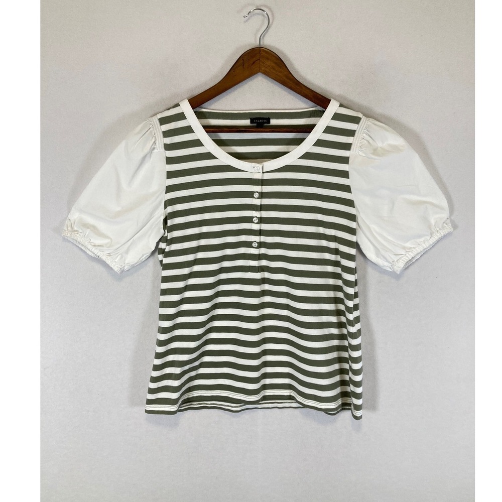 Preppy Talbots Women Large Olive Green White Striped Puff‎ Sleeve Henley Top